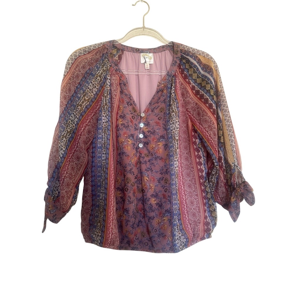 Fig & Flower Women's Blouse Size S Pink and Blue Floral Boho Lined 3/4 Sleeves